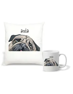 Zestaw PODUSZKA i KUBEK nadruk prezent z grafiką MOPS twój napis imię