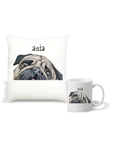 Zestaw PODUSZKA i KUBEK nadruk prezent z grafiką MOPS twój napis imię