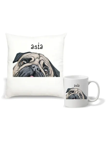 Zestaw PODUSZKA i KUBEK nadruk prezent z grafiką MOPS twój napis imię