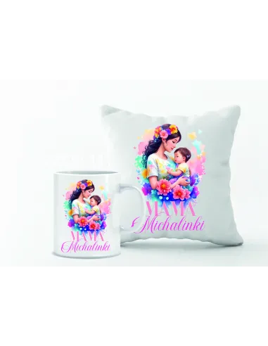 Zestaw PODUSZKA i KUBEK z nadrukiem PREZENT dla przyszłej mamy Z IMIENIEM
