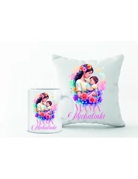 Zestaw PODUSZKA i KUBEK z nadrukiem PREZENT dla przyszłej mamy Z IMIENIEM