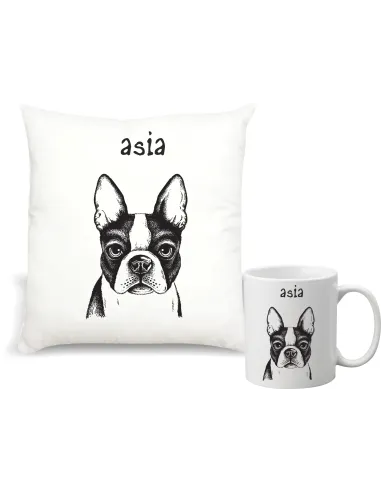 Zestaw PODUSZKA i KUBEK nadruk prezent z grafiką MOPS twój napis imię