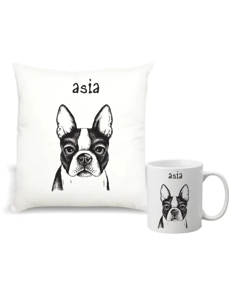 Zestaw PODUSZKA i KUBEK nadruk prezent z grafiką MOPS twój napis imię