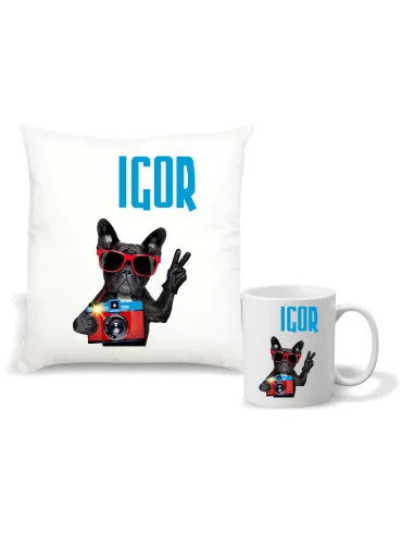 Zestaw PODUSZKA i KUBEK nadruk prezent z grafiką MOPS twój napis imię