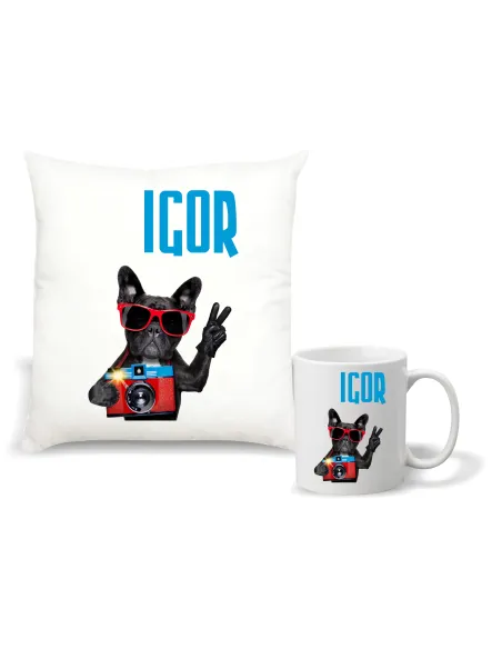 Zestaw PODUSZKA i KUBEK nadruk prezent z grafiką MOPS twój napis imię