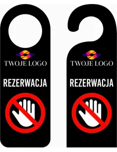 ZAWIESZKA NA DRZWI klamkę hotelowa czarna z nadrukiem REZERWACJA twój napis LOGO
