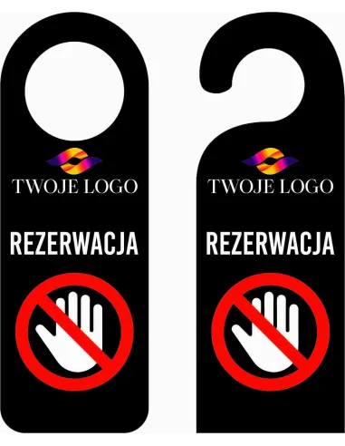 ZAWIESZKA NA DRZWI klamkę hotelowa czarna z nadrukiem REZERWACJA twój napis LOGO