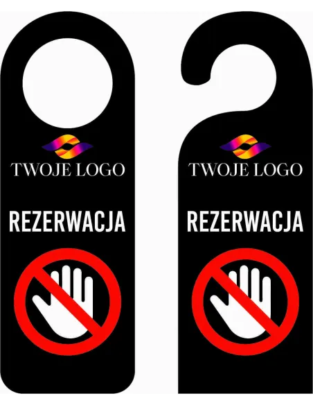 ZAWIESZKA NA DRZWI klamkę hotelowa czarna z nadrukiem REZERWACJA twój napis LOGO