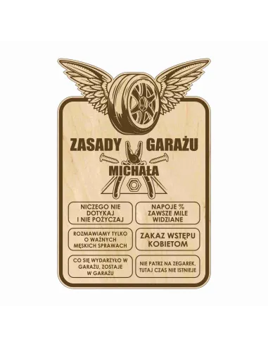 TABLICA ZASADY GARAŻU drewniana zabawny prezent na urodziny GRAWER twój napis imię