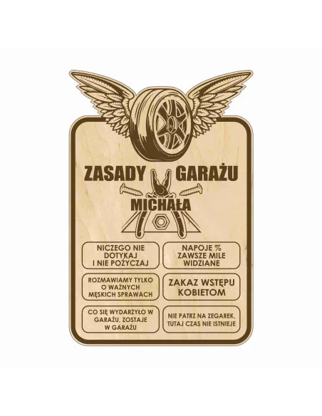TABLICA ZASADY GARAŻU drewniana zabawny prezent na urodziny GRAWER twój napis imię