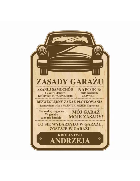 TABLICA ZASADY GARAŻU drewniana zabawny prezent na dzień ojca taty GRAWER twój tekst imię