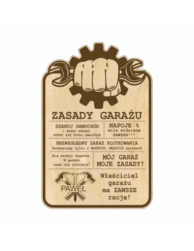 TABLICA ZASADY GARAŻU drewniana zabawny prezent DLA CHŁOPAKA GRAWER twój tekst imię