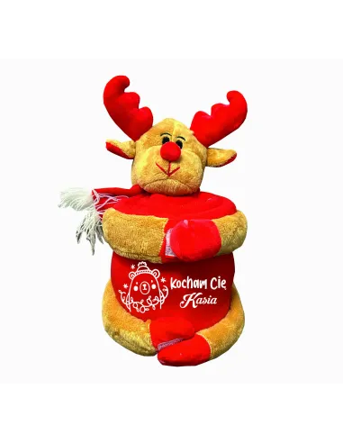 Pluszowy renifer z kocem polarowym z haftem PREZENT NA ŚWIĘTA dużo wzorów + IMIĘ