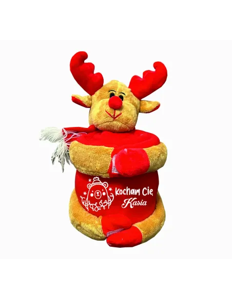 Pluszowy renifer z kocem polarowym z haftem PREZENT NA ŚWIĘTA dużo wzorów + IMIĘ