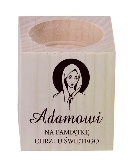 ŚWIECZNIK drewniany z grawerem pamiątka CHRZTU ŚWIĘTEGO z imieniem decykacja