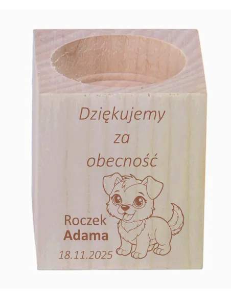 GRAWER ŚWIECZNIK drewniany podziękowania ZA OBECNOŚĆ CHRZEST ŚWIĘTY ROCZEK + IMIĘ