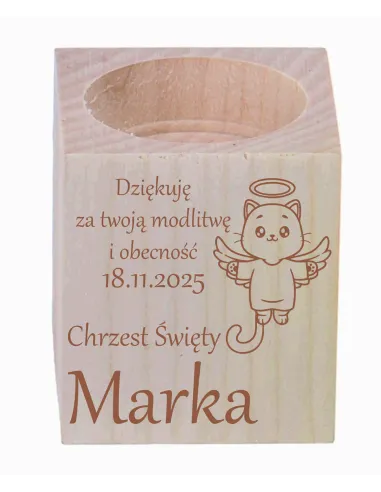 GRAWER ŚWIECZNIK drewniany podziękowania ZA OBECNOŚĆ CHRZEST ŚWIĘTY ROCZEK + IMIĘ