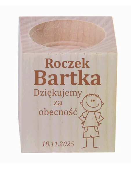 GRAWER ŚWIECZNIK drewniany podziękowania ZA OBECNOŚĆ CHRZEST ŚWIĘTY ROCZEK + IMIĘ