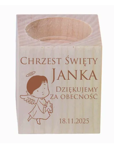 GRAWER ŚWIECZNIK drewniany podziękowania ZA OBECNOŚĆ CHRZEST ŚWIĘTY ROCZEK + IMIĘ