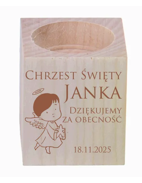 GRAWER ŚWIECZNIK drewniany podziękowania ZA OBECNOŚĆ CHRZEST ŚWIĘTY ROCZEK + IMIĘ