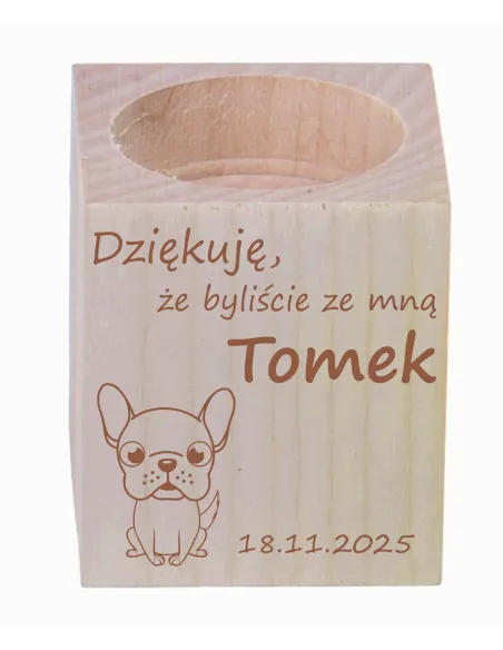 GRAWER ŚWIECZNIK drewniany podziękowania ZA OBECNOŚĆ CHRZEST ŚWIĘTY ROCZEK + IMIĘ