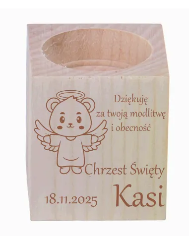 GRAWER ŚWIECZNIK drewniany podziękowania ZA OBECNOŚĆ CHRZEST ŚWIĘTY ROCZEK + IMIĘ