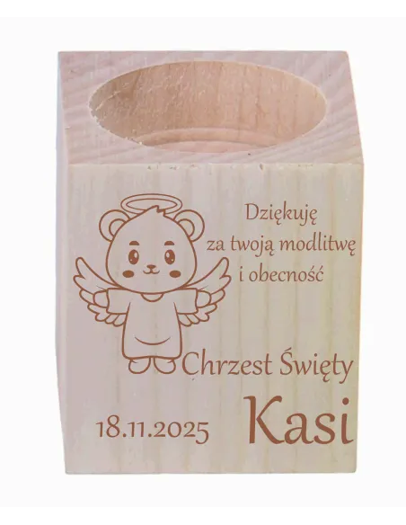 GRAWER ŚWIECZNIK drewniany podziękowania ZA OBECNOŚĆ CHRZEST ŚWIĘTY ROCZEK + IMIĘ