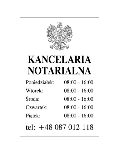 Tabliczka Grawerowana Kancelaria Notarialna godziny otwarcia biała 30x20 cm