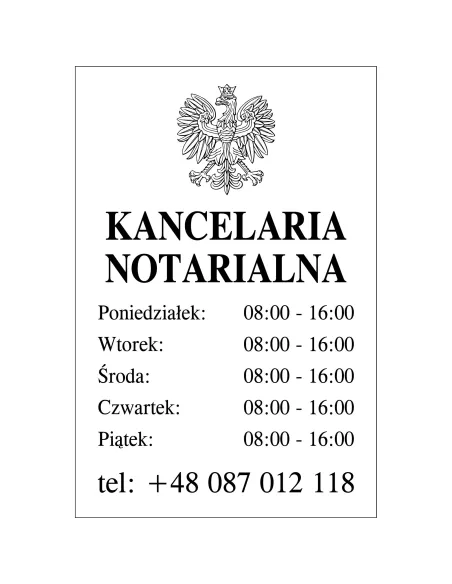 Tabliczka Grawerowana Kancelaria Notarialna godziny otwarcia biała 30x20 cm