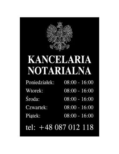 Tabliczka Grawerowana Kancelaria Notarialna godziny otwarcia czarna 30x20 cm