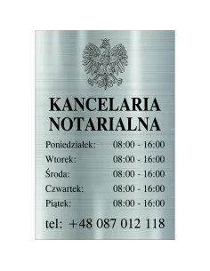 Tabliczka Grawerowana Kancelaria Notarialna godziny otwarcia srebrna 30x20 cm