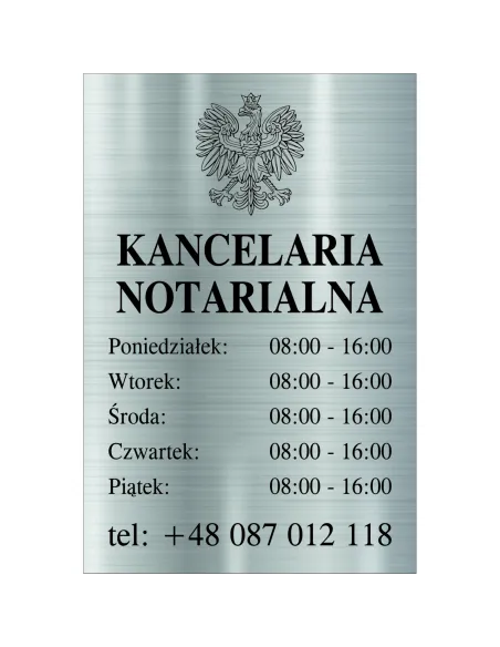 Tabliczka Grawerowana Kancelaria Notarialna godziny otwarcia srebrna 30x20 cm