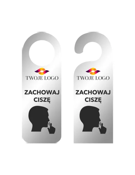 ZAWIESZKA NA DRZWI klamkę hotelowa z nadrukiem SREBRNA LUSTRRZANA zachowaj ciszę