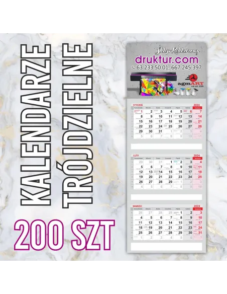 Kalendarze reklamowe trójdzielne 2024 - 200 szt.