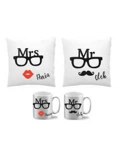 Poduszka kubek zestaw 2+2 Mrs Mr imię prezent dla Par rocznica ślubu