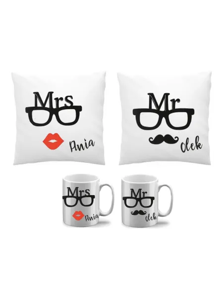 Poduszka kubek zestaw 2+2 Mrs Mr imię prezent dla Par rocznica ślubu