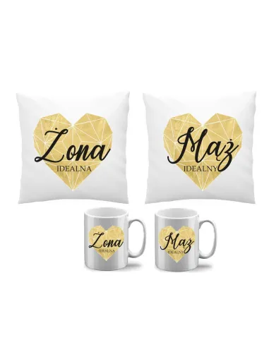 Poduszka kubek zestaw 2+2 żona idealna mąż idealny prezenet na rocznicę ślubu