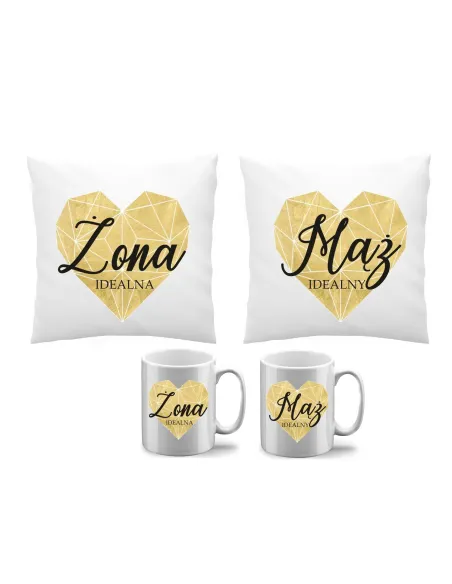 Poduszka kubek zestaw 2+2 żona idealna mąż idealny prezenet na rocznicę ślubu