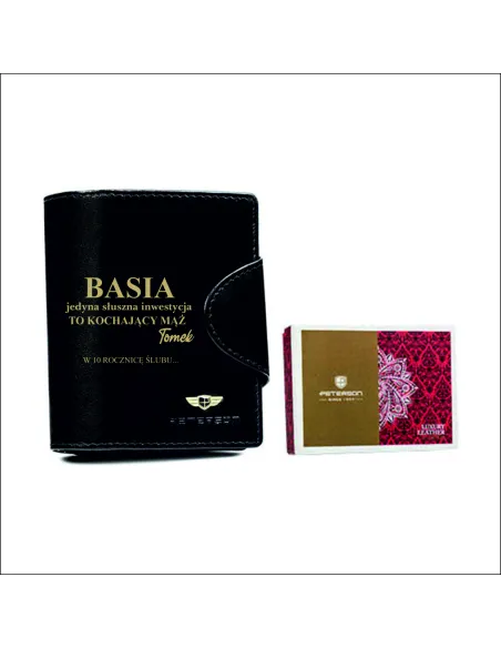 Portfel skórzany czarny damski prezent NA WALENTYNKI NA ROCZNICĘ ŚLUBU z GRAWEREM