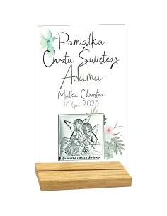 PAMIĄTKA CHRZTU ŚWIĘTEGO STATUETKA z plexi z nadrukiem srebrnym obrazkiem