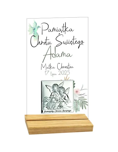 PAMIĄTKA CHRZTU ŚWIĘTEGO STATUETKA z plexi z nadrukiem srebrnym obrazkiem
