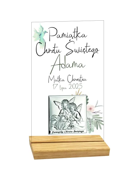 PAMIĄTKA CHRZTU ŚWIĘTEGO STATUETKA z plexi z nadrukiem srebrnym obrazkiem