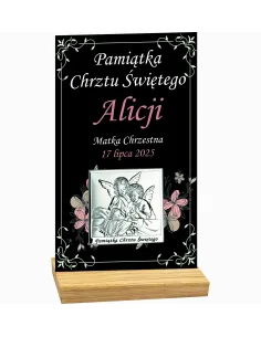PAMIĄTKA CHRZTU ŚWIĘTEGO STATUETKA czarna plexi srebrny obrazek TWÓJ TEKST
