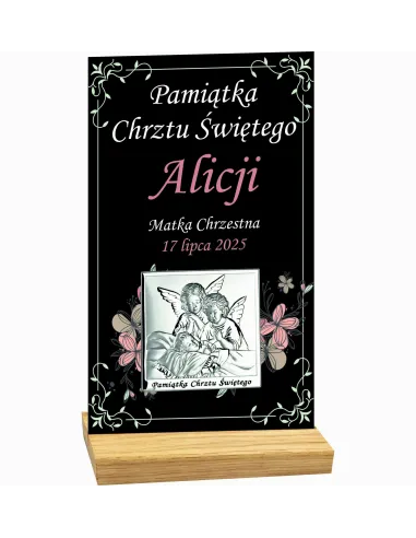 PAMIĄTKA CHRZTU ŚWIĘTEGO STATUETKA czarna plexi srebrny obrazek TWÓJ TEKST