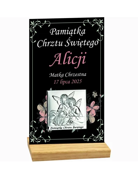 PAMIĄTKA CHRZTU ŚWIĘTEGO STATUETKA czarna plexi srebrny obrazek TWÓJ TEKST