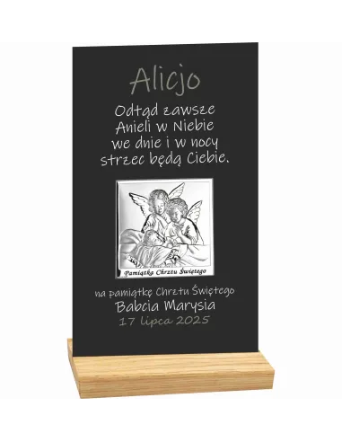 PAMIĄTKA CHRZTU ŚWIĘTEGO STATUETKA czarna plexi srebrny obrazek TWÓJ TEKST dedykacja