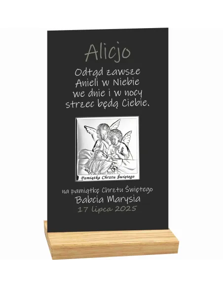 PAMIĄTKA CHRZTU ŚWIĘTEGO STATUETKA czarna plexi srebrny obrazek TWÓJ TEKST dedykacja