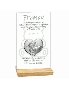 PAMIĄTKA CHRZTU ŚWIĘTEGO STATUETKA biała plexi srebrny obrazek TWÓJ NAPIS dedykacja