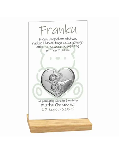 PAMIĄTKA CHRZTU ŚWIĘTEGO STATUETKA biała plexi srebrny obrazek TWÓJ NAPIS dedykacja