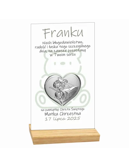 PAMIĄTKA CHRZTU ŚWIĘTEGO STATUETKA biała plexi srebrny obrazek TWÓJ NAPIS dedykacja